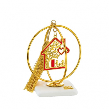 Γούρι μεταλλικό χρυσό κόκκινο σπίτι με οικογένεια σε μάρμαρο - ΚΩΔ:EG23429-AD