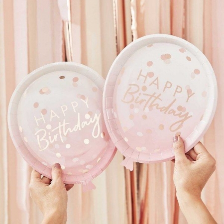 Χάρτινα πιάτα φαγητού ροζ μπαλόνι - happy birthday 29X24cm - ΚΩΔ:MIX-132-BB