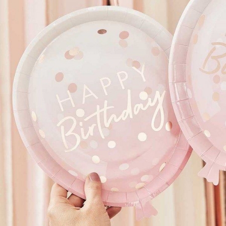 Χάρτινα πιάτα φαγητού ροζ μπαλόνι - happy birthday 29X24cm - ΚΩΔ:MIX-132-BB