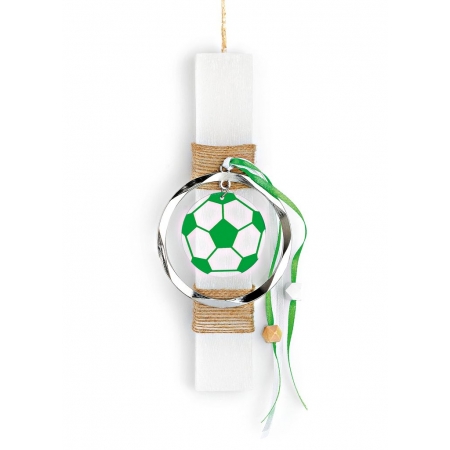 Πασχαλινή λαμπάδα λευκή με πράσινη plexi μπάλα ποδοσφαίρου 20cm - ΚΩΔ:EL755-1-AD
