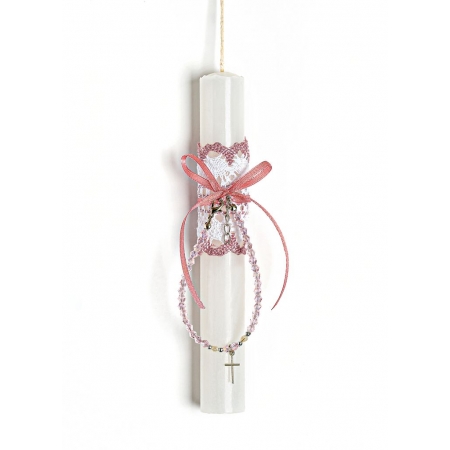 Πασχαλινή λαμπάδα με βραχιόλι σταυρό και ροζ χάντρες - ΚΩΔ:EL1050-AD