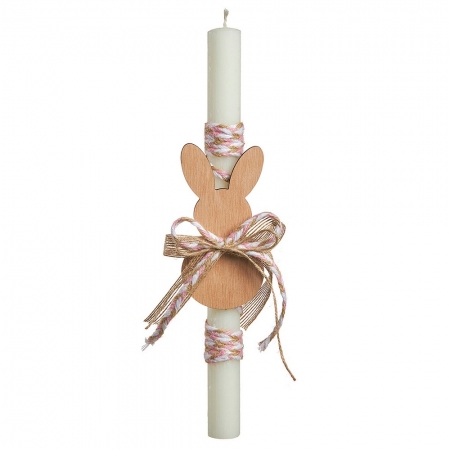 Αρωματική πασχαλινή λαμπάδα με ξύλινο λαγό και ροζ κορδόνια 30cm - ΚΩΔ:LP098-NU