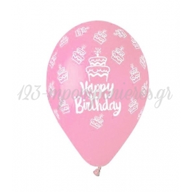 Τυπωμενα Μπαλονια Latex Baby Pink «Happy Birthday» Cake 13΄΄ (33Cm)  – ΚΩΔ.:13613249F-Bb
