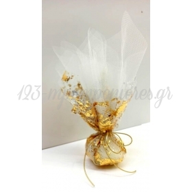 Μπομπονιέρα γάμου με δίχτυ με φύλλα χρυσού  - εκρού - χρυσό - ΚΩΔ:MPO-527273-A-E