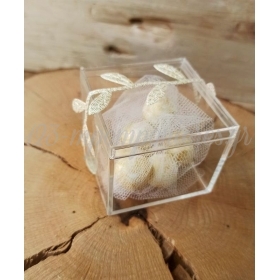 Μπομπονιέρα γάμου κουτάκι plexiglass με κορδέλα με χρυσά φύλλα ελιάς - ΚΩΔ:MPO-506199-1
