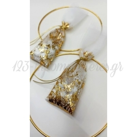 Μπομπονιέρα γάμου με λευκό τούλι και δίχτυ με φύλλα χρυσού - ΚΩΔ:MPO-527273-C
