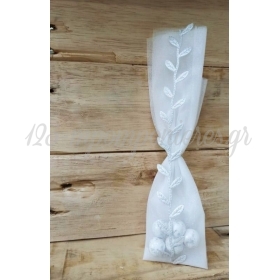 Μπομπονιέρα γάμου με λευκό τούλι οργάντζα και κορδέλα με φύλλα ελιάς - λευκό - ασημί - ΚΩΔ:MPO-M8954