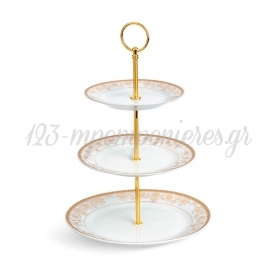 Πορσελάνινη επιτραπέζια τουρτιέρα τριπλή σε λευκό χρώμα με χρυσές λεπτομέρειες - ΚΩΔ: 602013-PR