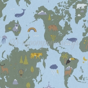 Ύφασμα με το μέτρο με γαλάζιο χάρτη ταξίδι στον κόσμο, φάρδος 140cm - ΚΩΔ:308335-NT