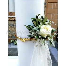 Λαμπάδες Γάμου Στολισμένες με χρυσό στεφανάκι και σύνθεση με ελιά και τριαντάφυλλα - ΚΩΔ.:EL-2021-L