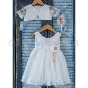 Βαπτιστικό Φόρεμα με ανάγλυφη δαντέλα, Μπολερό και Κορδέλα - Σετ 3 Τμχ - ΚΩΔ:K113-MKD