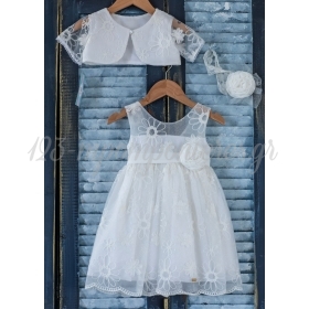 Βαπτιστικό Φόρεμα Βουάλ με μαργαρίτες, Μπολερό και Κορδέλα - Σετ 3 Τμχ - ΚΩΔ:K102-MKD