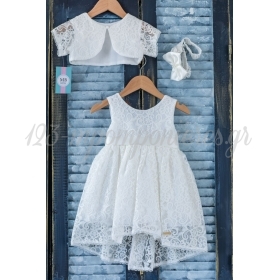 Βαπτιστικό Ασύμμετρο Φόρεμα με δαντέλα τύπου σαντιγύ, με μπολερό και κορδέλα - Σετ 3 Τμχ - ΚΩΔ:K82-MKD