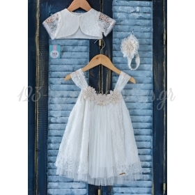 Βαπτιστικό Φόρεμα boho αμπίρ με μπολερό και κορδέλα μαλλιών - Σετ 3 Τμχ - ΚΩΔ:K64E-MKD