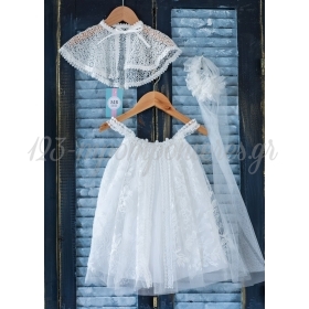 Βαπτιστικό Φόρεμα με ανάφλυφη δαντέλα, μπολερό και κορδέλα μαλλιών - Σετ 3 Τμχ - ΚΩΔ:K103-MKD