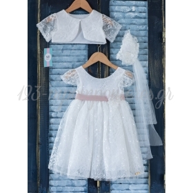Βαπτιστικό Φόρεμα με ανάγλυφη δαντέλα με πούλιες, μπολερό και κορδέλα μαλλιών - Σετ 3 Τμχ - ΚΩΔ:K88E-MKD