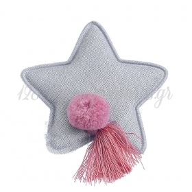 Υφασμάτινο Γκρι Αστέρι με Ροζ Πον Πον και Ροζ Φούντα 6X6cm - ΚΩΔ:M1322-AD