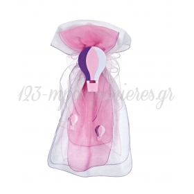 Ροζ-Λευκή Μπρανς για Λαμπάδα Βάπτισης με Ξύλινο Αερόστατο - ΚΩΔ:M8073-AD