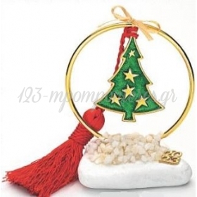 Γούρι Σε Βότσαλο - Μεταλλικός Χρυσός Κύκλος Με Χριστουγγενιάτικο Δέντρο Και Κόκκινη Φούντα 2023 - ΚΩΔ:EG21148-AD