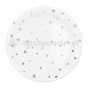 Χάρτινα πιάτα ασημί αστεράκια 18cm - ΚΩΔ:510858-BB