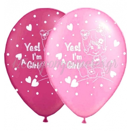 Ροζ-Φουξια Μπαλονια «Yes I'M A Girl» Με Μωρο 12'' (30Cm) – ΚΩΔ.:13512424-Bb