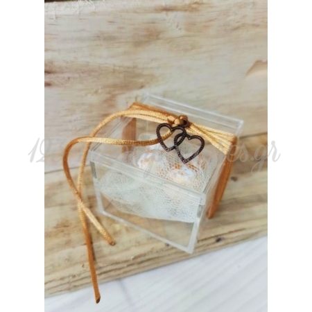 Μπομπονιέρα γάμου κουτάκι plexiglass με μπρονζέ κορδόνι και μεταλλικές καρδούλες - ΚΩΔ:MPO-506199-5