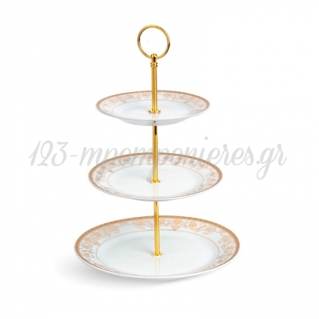 Πορσελάνινη επιτραπέζια τουρτιέρα τριπλή σε λευκό χρώμα με χρυσές λεπτομέρειες - ΚΩΔ: 602013-PR