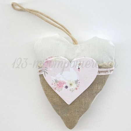 Λευκή Καρδιά με Λινή Τσέπη και Ξύλινη Ροζ Καρδιά με Κύκνο 11X9.5cm - ΚΩΔ:Y50A34-RN
