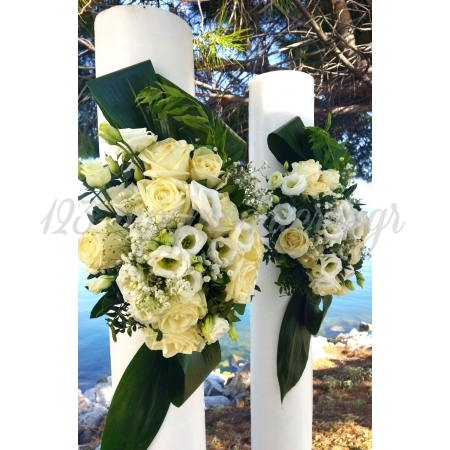 Λαμπάδες Γάμου Στολισμένες με λευκά τριαντάφυλλα λυσίανθους και γιψοφύλλη - ΚΩΔ:SM-2307L