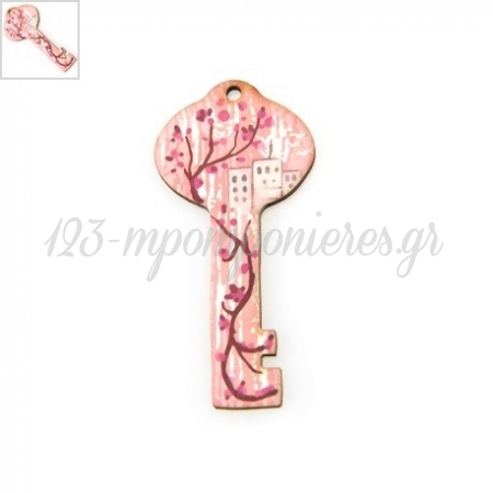 Ξύλινο Μοτίφ Κλειδί Λουλούδια Σπίτι Γούρι 30x60mm - Άσπρο/Ροζ/Multi - ΚΩΔ:76660063.001-NG